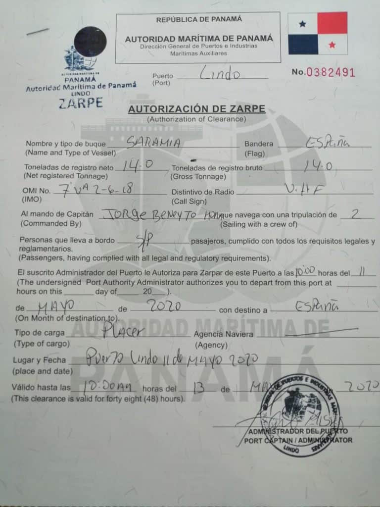 Zarpe con destino España desde Panamá.